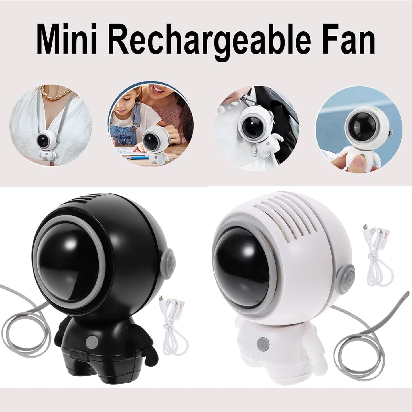 Portable Neck Fan, Powerful Handheld Fan, 3 Speeds USB Rechargeable, Astronaut Design (Black)